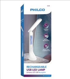 Lámpara LED de Escritorio con Reloj Digital Philco, Recargable, Ajuste Intensidad 3 Niveles, Blanco