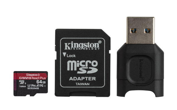 Tarjeta de Memoria 64GB microSD Canvas React Plus 285/165/MB/s Incl.Lector