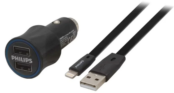 CABLE LIGHTNING + CARGADOR DE AUTO USB DLP2553 + DLC2508 PHILIPS