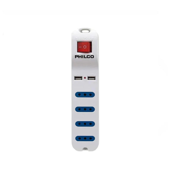 Extensión Philco XT41, 4 Enchufes + 2 USB, Interruptor ON/OFF, White