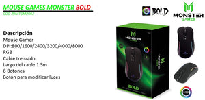 Mouse Gamer Monster Games Bold, 8000DPI, RGB, 6 Botones, Cable Trenzado 1.5m