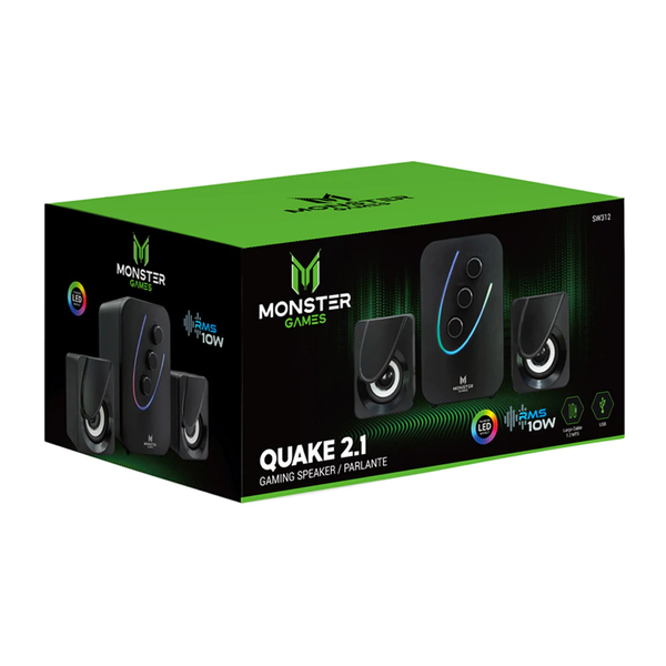 Subwoofer Monster Games Quake 2.1, 7 Colores Retroiluminados, Jack 3.5mm y USB, 10W