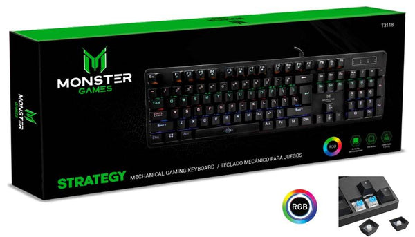 Teclado Gamer Monster Strategy, Mecánico, Iluminación RGB, Anti-ghosting, Cable 1.5m