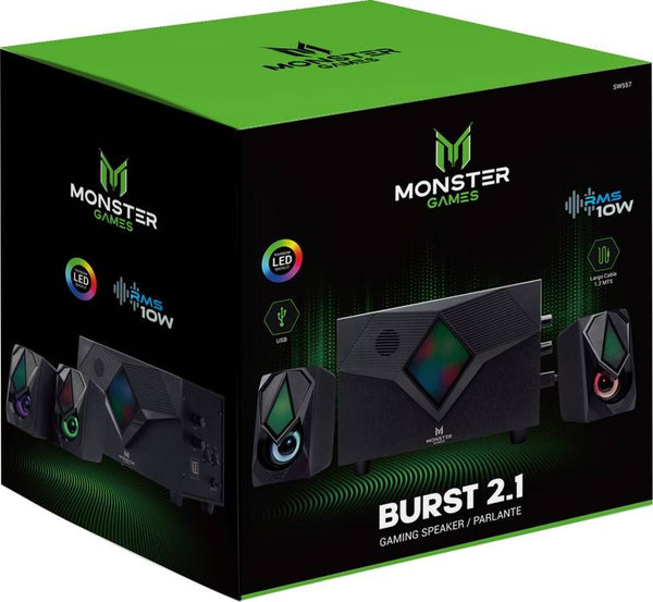 Subwoofer Monster Games Burst 2.1, 7 Luces de Color, Conexión Jack 3.5mm y USB, 10W